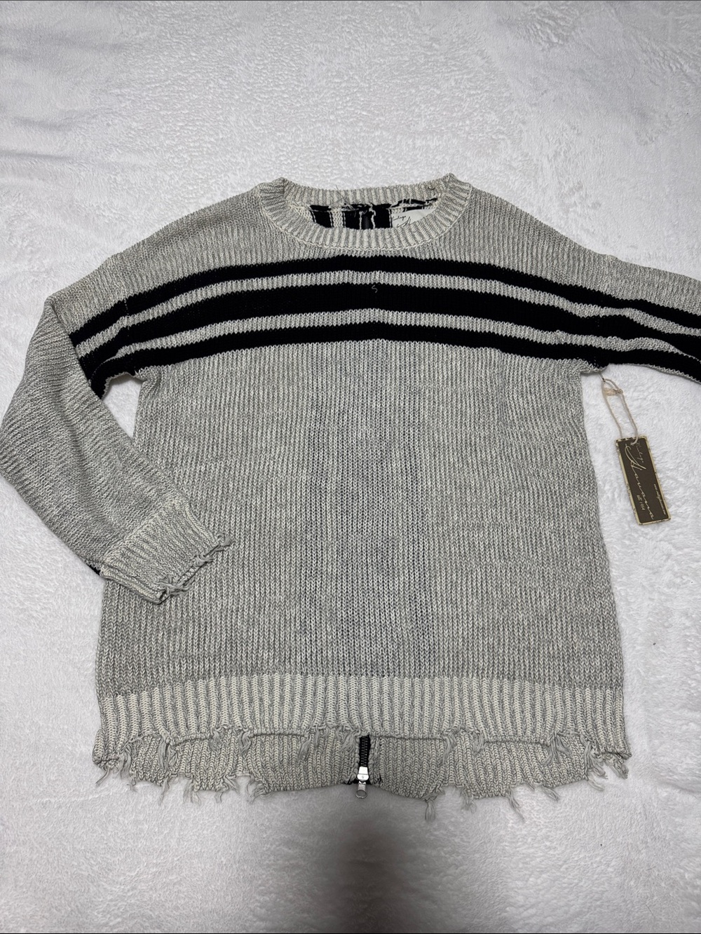 Vintage Havana Distressed Knit Sweater with Black Stripes